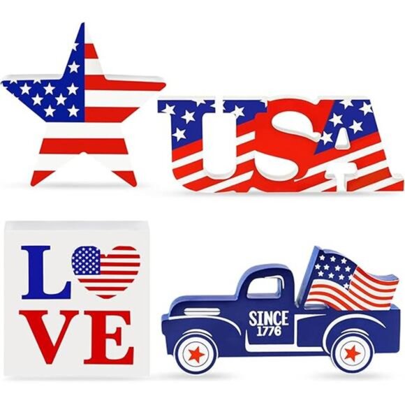 4-Piece Wooden Patriotic Decor Set – USA, LOVE, Star & Car Signs - Picture 7 of 7